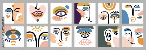 Big set with faces, lips, noses, eyebrows hand drawn in a line with abstract spots, shapes in a trendy style. Banners for advertising, social media, cosmetics and makeup covers. Vector illustration.