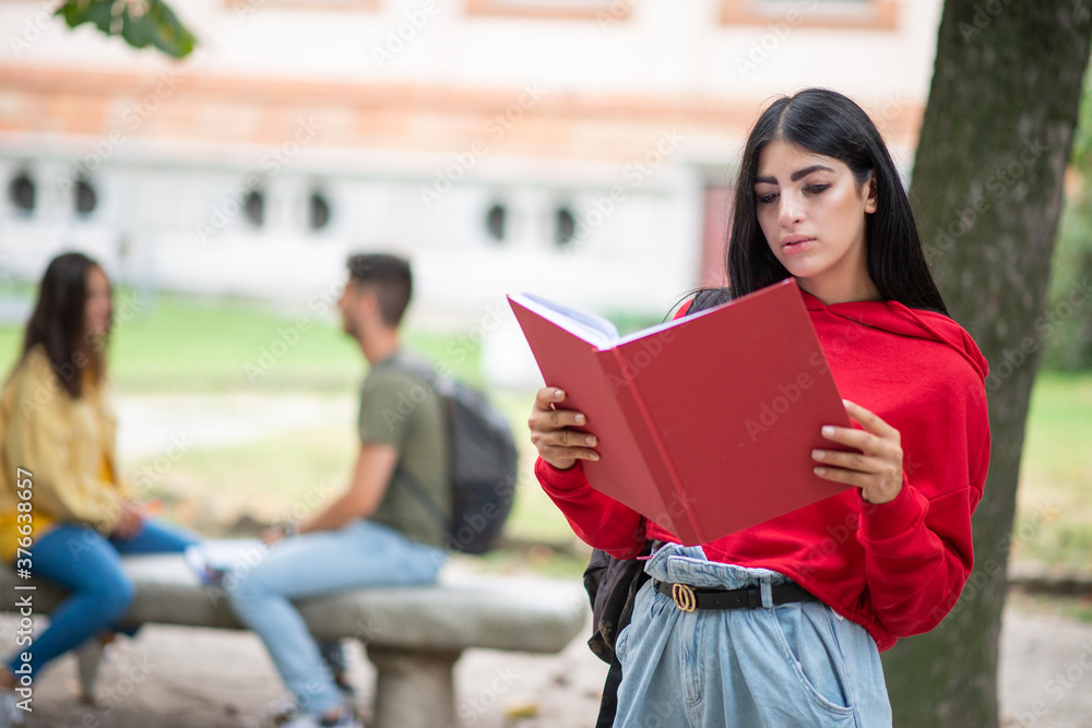 Woman student holding a book in front a a group of friends Woman student holding a book in front a a group of friends