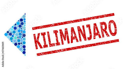 Rounded dot collage arrowhead left and KILIMANJARO scratched stamp seal. Stamp includes KILIMANJARO text between parallel lines. Vector collage is based on arrowhead left symbol,