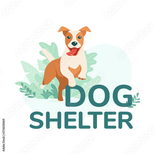 Cheerful healthy joyful dog is jumping through the inscription dog shelter. Logo, concept, template for pet shop, services, veterinary clinic, training, hotel. Vector illustration isolated on white