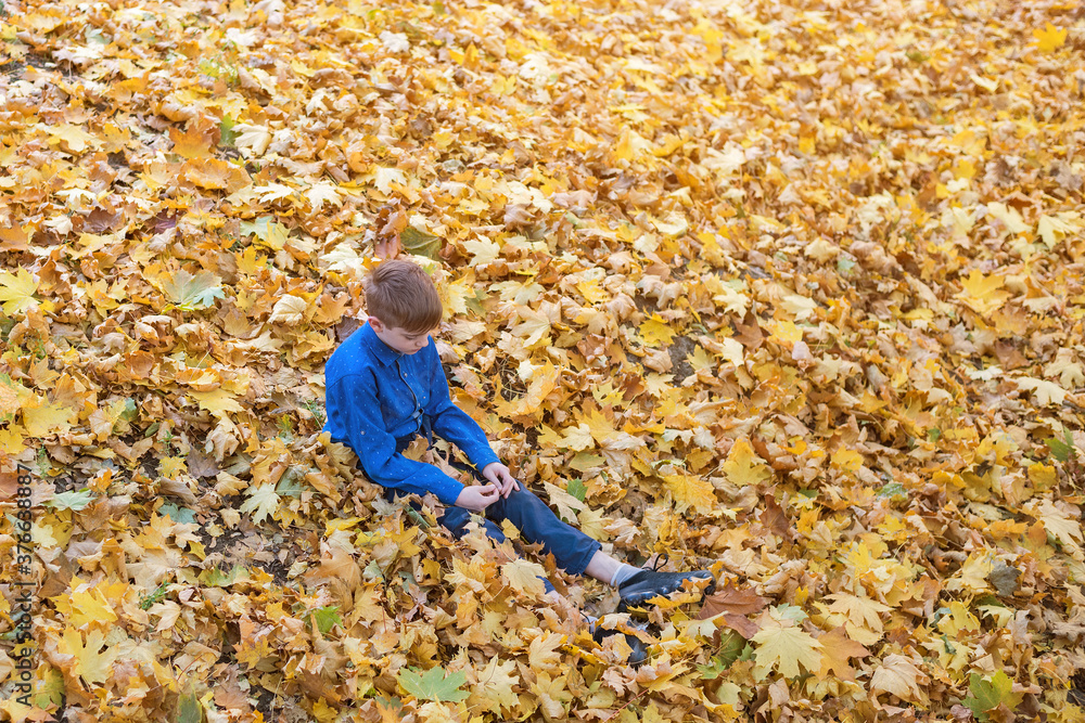 Boy sits in yellow leaves. Golden autumn. Walking in Fall Park. Boy sits in yellow leaves. Golden autumn. Walking in Fall Park.