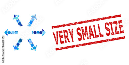 Round dot mosaic radial arrows and VERY SMALL SIZE rubber stamp seal. Stamp seal includes VERY SMALL SIZE caption between parallel lines. Vector mosaic is based on radial arrows icon,