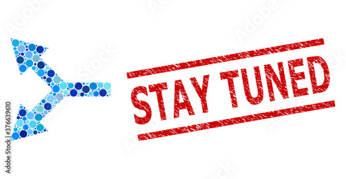 Circle composition bifurcation arrow left and STAY TUNED scratched stamp seal. Stamp seal includes STAY TUNED text between parallel lines. Vector collage is based on bifurcation arrow left icon,