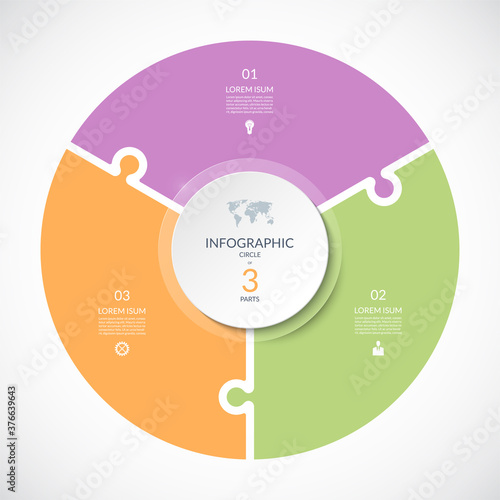Vector infographic puzzle circular template. Cycle diagram with 3 parts, options. Can be used for chart, graph, report, presentation, web design.