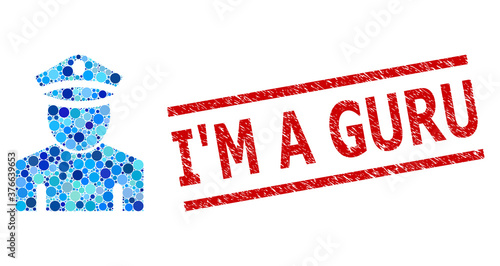 Round dot collage policeman and I'M A GURU rubber stamp. Stamp seal includes I'M A GURU text between parallel lines. Vector collage is based on policeman symbol,