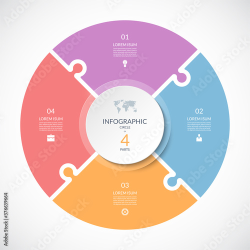 Vector infographic puzzle circular template. Cycle diagram with 4 parts, options. Can be used for chart, graph, report, presentation, web design.