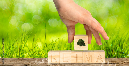 wooden cubes with the German inscription Climate and a tree as a sysmbol photo