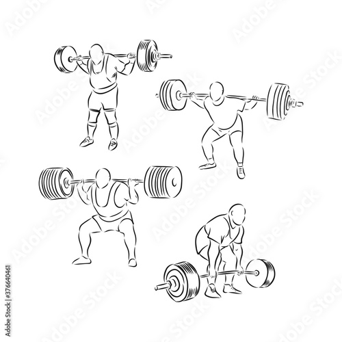 Sporty man lifting a heavy weight barbell in the gym. Strong sportsman doing exercise with barbell. Male weightlifter holding a barbell. Hand drawn vector sketch illustration