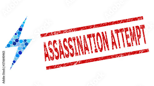 Circle combination electric spark and ASSASSINATION ATTEMPT dirty stamp seal. Stamp seal includes ASSASSINATION ATTEMPT tag between parallel lines. Vector mosaic is based on electric spark icon,