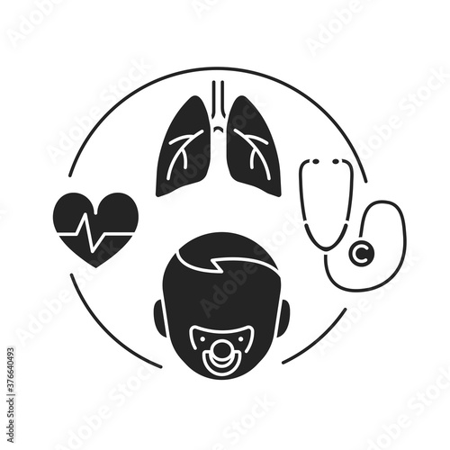 Pediatric pulmonology black glyph icon. Check and treatment respiratory system in children. Pictogram for web page, mobile app, promo.