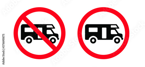 No camper. No camping icon. Silhouette of a trailer, a house on wheels. No camping tent,  cars and caravans forbidden sign. Stop halt allowed Do not enter, no ban signs. Prohibited icons.