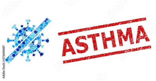 Circle mosaic terminate coronavirus and ASTHMA dirty seal. Seal includes ASTHMA title between parallel lines. Vector mosaic is based on terminate coronavirus icon,