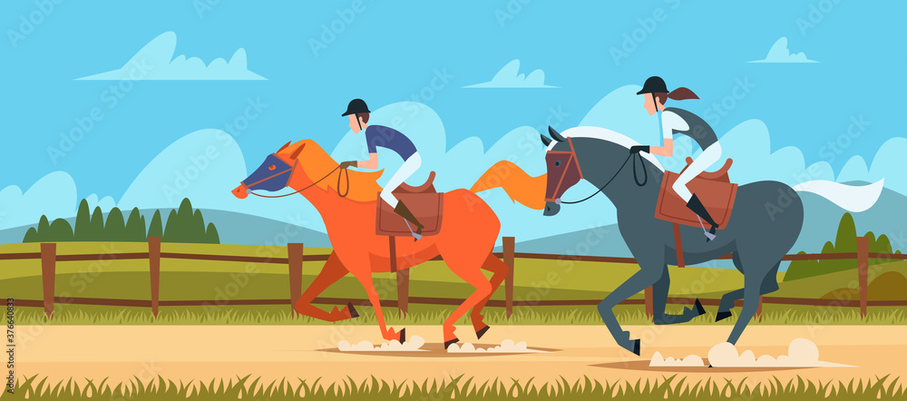 Obraz premium Equestrian sport background. People rides on race horse outdoor vector illustrations in cartoon style. Sport equestrian, horse and jockey running
