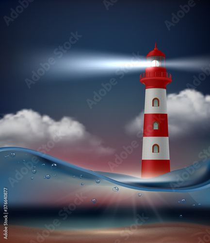 Lighthouse in ocean. Night marine landscape with lighthouse for ship navigation vector realistic background. Lighthouse sea travel, scene landscape illustration