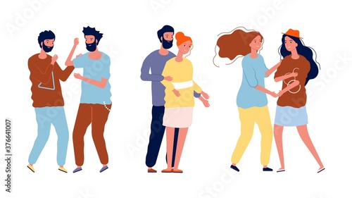 Different couples. LGBT, lesbian and gays, homosexual and heterosexual people. Men women in love, happy friends and families vector illustration. Lgbt homosexual couple, lesbian love and gay together