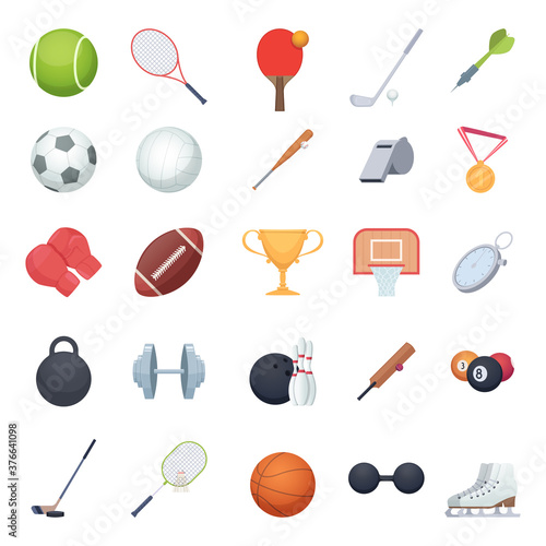 Fitness equipment. Sport balls racket recreation gym tools for exercises vector illustrations. Basketball and football ball, glove for training