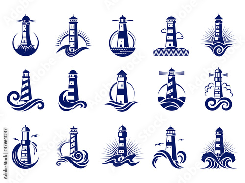 Lighthouse badges. Nautical marine travel business logos vector collection. Lighthouse tower near coast, sea travel beacon illustration
