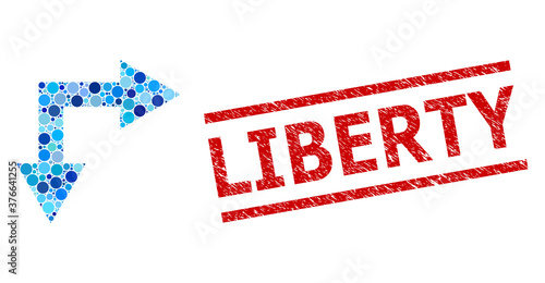 Round dot collage bifurcation arrow right down and LIBERTY textured seal. Seal includes LIBERTY caption between parallel lines. Vector collage is based on bifurcation arrow right down symbol,