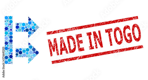 Circle mosaic bring right and MADE IN TOGO rubber stamp print. Stamp seal includes MADE IN TOGO tag between parallel lines. Vector mosaic is based on bring right icon,