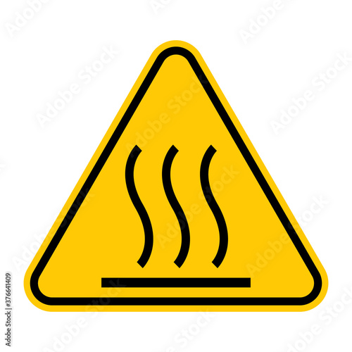 Hot surface warning sign. Taking care to avoid coming into contact with hot surface. Vector illustration of triangle sign with steaming surface symbol inside.