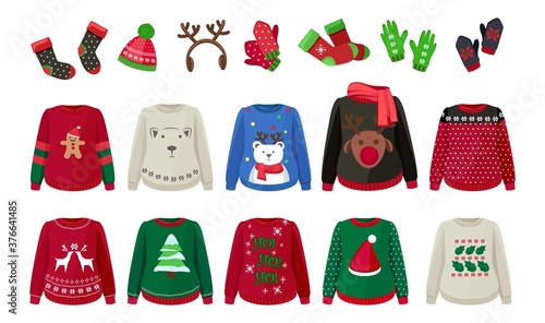 Winter cloth. Ugly sweaters hat mittens and socks. Cute Christmas time warm apparel and accessories vector illustration. Sweater christmas, winter mittens and clothes