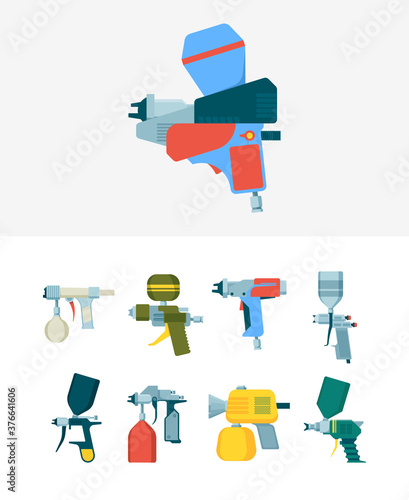 Airbrush gun. Spray equipment for industrial painting airbrush drawing vector tools. Illustration equipment gun, airbrush paint