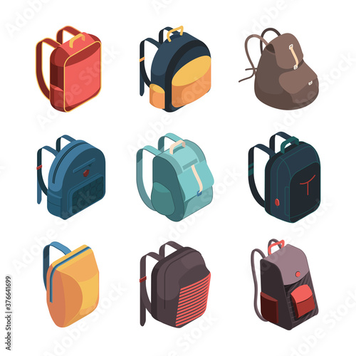 Travel bag pack. Isometric baggage colorful school bags vector illustration. Travel luggage, bag and pack, baggage adventure and schoolbag photo