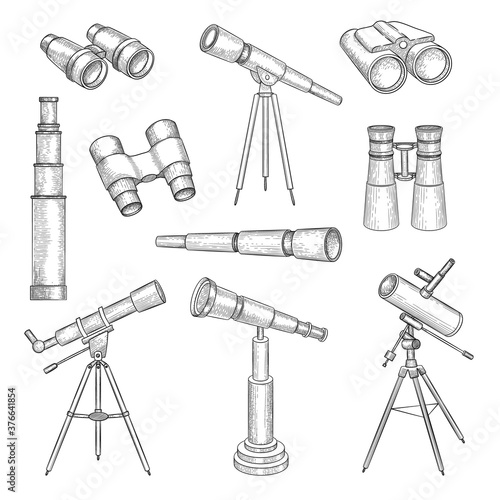 Doodle binocular. Explorer equipment for travellers binocular telescope military optics vector hand drawn set. Illustration telescope sketch, equipment lens tool