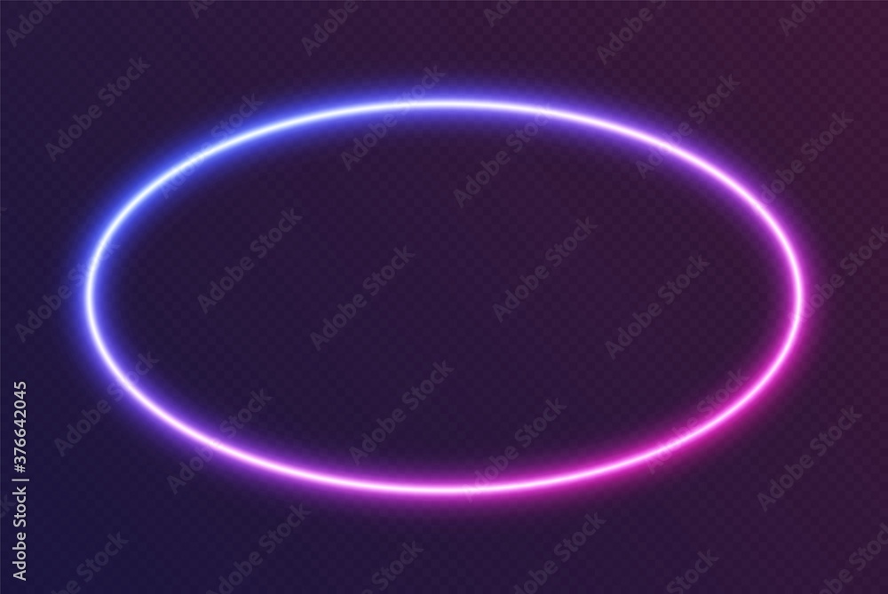 Obraz premium Gradient neon ellipse, blue-pink glowing oval border isolated on a dark background. Colorful night banner, vector light effect. Bright illuminated shape.
