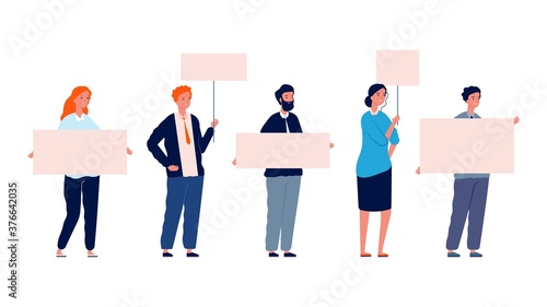 Protest people. Demonstration woman man with placards. Isolated flat characters holding banners vector illustration. People holding banner, woman protester political