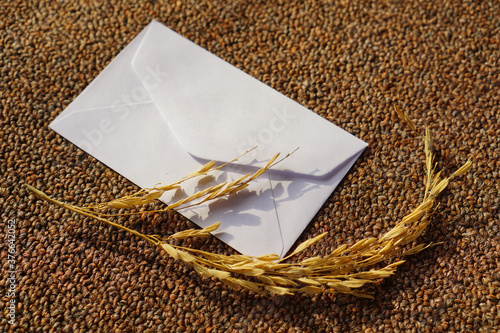 white envelope with dried grass for greeting mockup seasonal concepts on wool fabric background