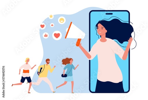 Referral program. Online marketing, woman with megaphone refer a friends. Social media info vector illustration. Megaphone announcement and persuade to program referral