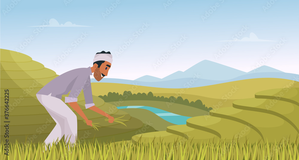 Indian agriculture landscape. Farmer working in indian rice fields rural  worker vector cartoon background. Illustration indian agricultural,  plantation landscape Stock Vector | Adobe Stock