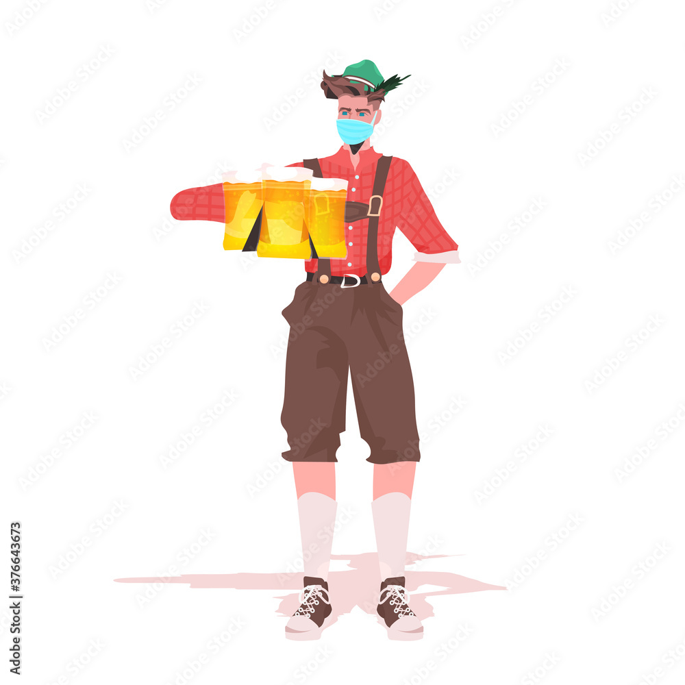 man in medical mask holding beer mugs Oktoberfest party celebration coronavirus quarantine concept guy in german traditional clothes full length vector illustration man in medical mask holding beer mugs Oktoberfest party celebration coronavirus quarantine concept guy in german traditional clothes full length vector illustration