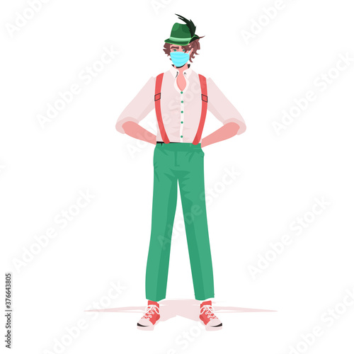 man in traditional clothes wearing mask to prevent coronavirus pandemic Oktoberfest party celebration concept full length isolated vector illustration