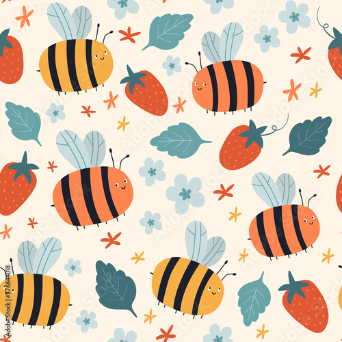 Seamless vector pattern with bees, strawberries, flowers on a beige background.. Summer pattern. For wallpaper, textiles, fabric, paper. Repeated background for kids fabric.