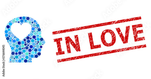 Rounded dot collage lover head and IN LOVE textured stamp. Stamp includes IN LOVE caption between parallel lines. Vector collage is based on lover head icon, and done of random blue round parts.