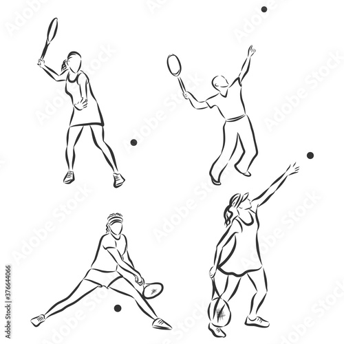 silhouettes of tennis players, tennis player, lawn tennis, vector sketch illustration