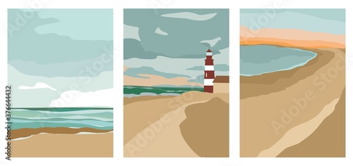 Set of vertical posters on the sea theme in a trending flat style. Landscapes of the sea and the sandy coast carved with simple shapes. Backgrounds with abstract spots and figures. Vector illustration