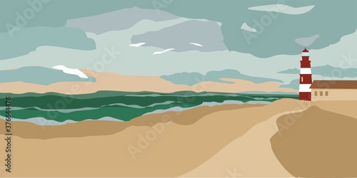 Horizontal seascape poster with cut-out simple shapes in a trendy flat style. Lighthouse on the sandy coast of the ocean with seagulls and dark clouds in the sky. Wall decor. Vector illustratration.