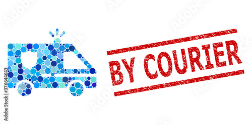 Circle mosaic police car and BY COURIER textured stamp print. Stamp includes BY COURIER text between parallel lines. Vector mosaic is based on police car icon,