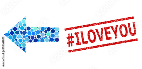 Round dot collage arrow left and #ILOVEYOU unclean stamp imitation. Stamp seal includes #ILOVEYOU text between parallel lines. Vector collage is based on arrow left icon,