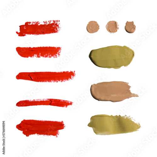 Vector cosmetic products strokes set isolated on white background, concealer, lipstick, color samples.
