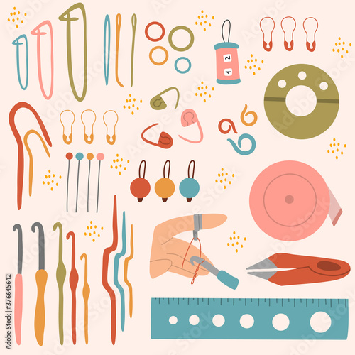 Large set of crochet tools. Hooks, knitting needles, ruler, markers, pins. Vector hand drawn illustration.
