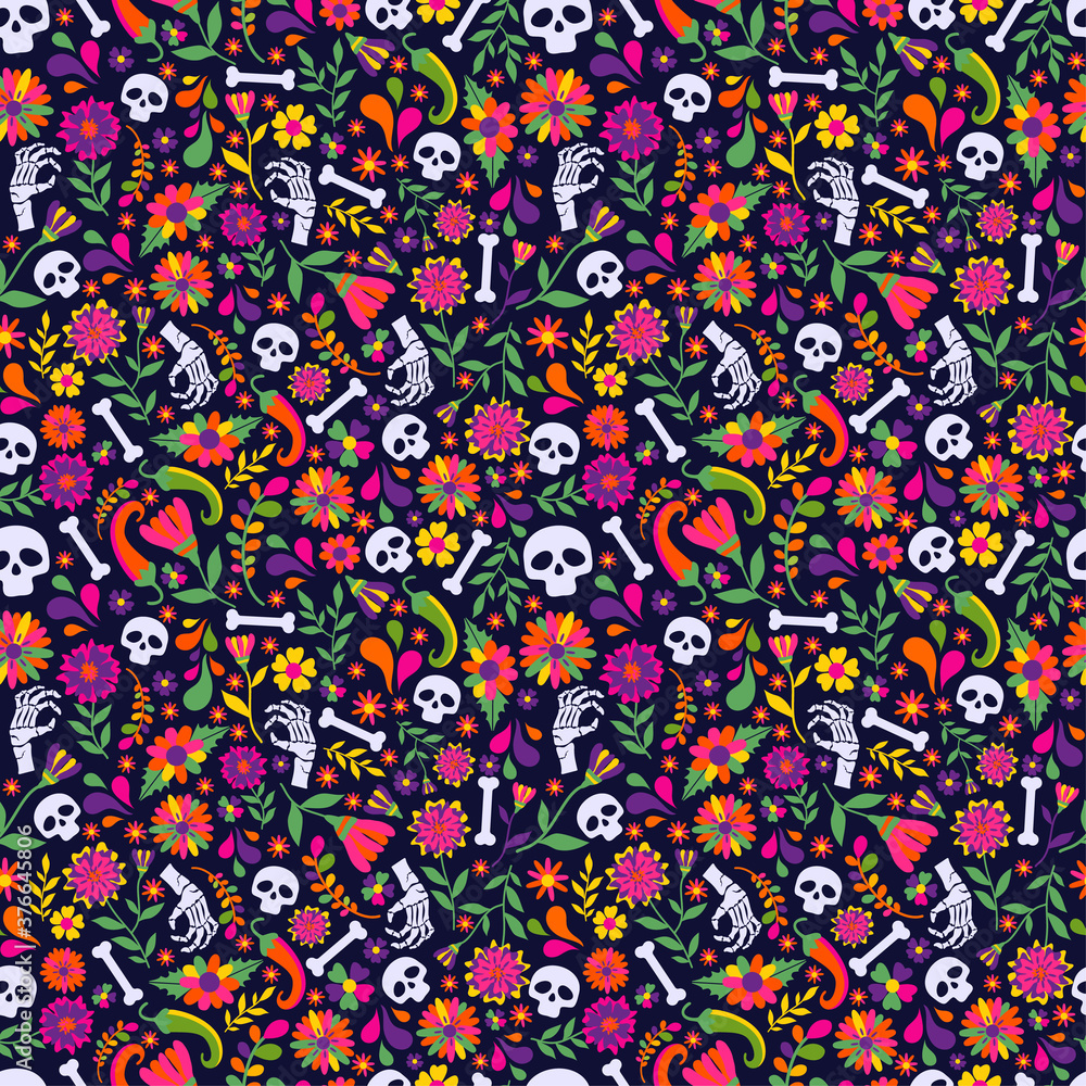 Seamless vector pattern with mexican elements - guitar, sombrero, tequila, taco, skull on dark. Perfect artistic background for your design. Dias de los muertos. Translate-Feast of death. Seamless vector pattern with mexican elements - guitar, sombrero, tequila, taco, skull on dark. Perfect artistic background for your design. Dias de los muertos. Translate-Feast of death.