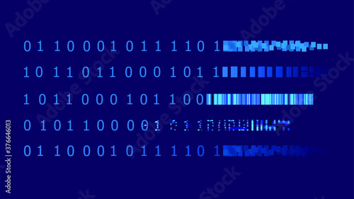 Vector binary code is transforming to the pixels, colorful blue illustration, design elements set.
