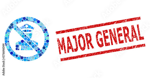 Circle combination stop policeman and MAJOR GENERAL rubber stamp seal. Stamp seal includes MAJOR GENERAL tag between parallel lines. Vector mosaic is based on stop policeman icon,