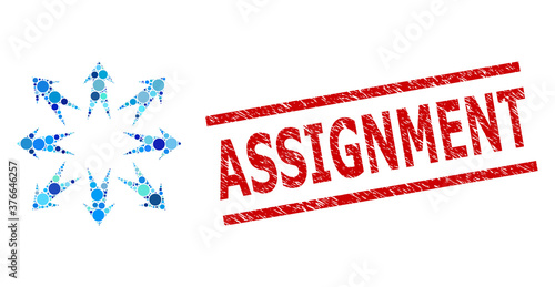 Round dot mosaic expand arrows and ASSIGNMENT rubber stamp seal. Stamp seal includes ASSIGNMENT text between parallel lines. Vector mosaic is based on expand arrows icon,
