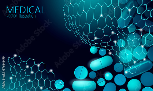 Drug capsule medicine business concept. Banner blue glowing medicament pill prebiotic probiotic ball health care cure illness. Antibiotic vitamin medical nutrition low poly vector illustration