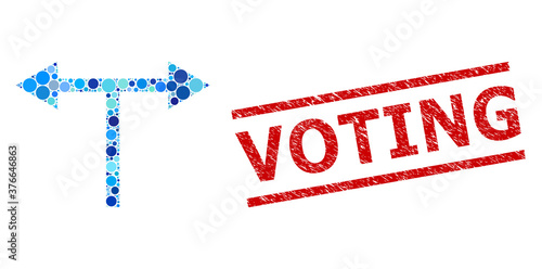 Round dot collage bifurcation arrows left right and VOTING dirty stamp. Stamp seal includes VOTING tag between parallel lines. Vector mosaic is based on bifurcation arrows left right symbol,